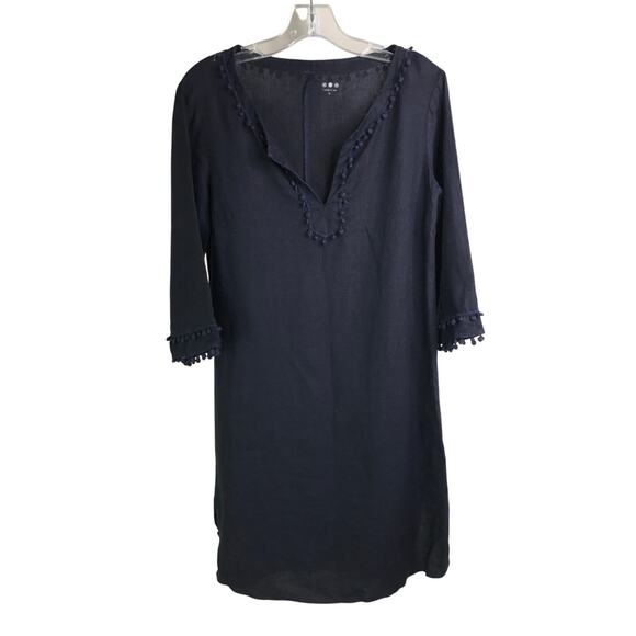 Three Dots Dress Womens Size XS Navy Blue Pom Pom Trim V-Neck 3/4 Sleeve - Picture 1 of 10